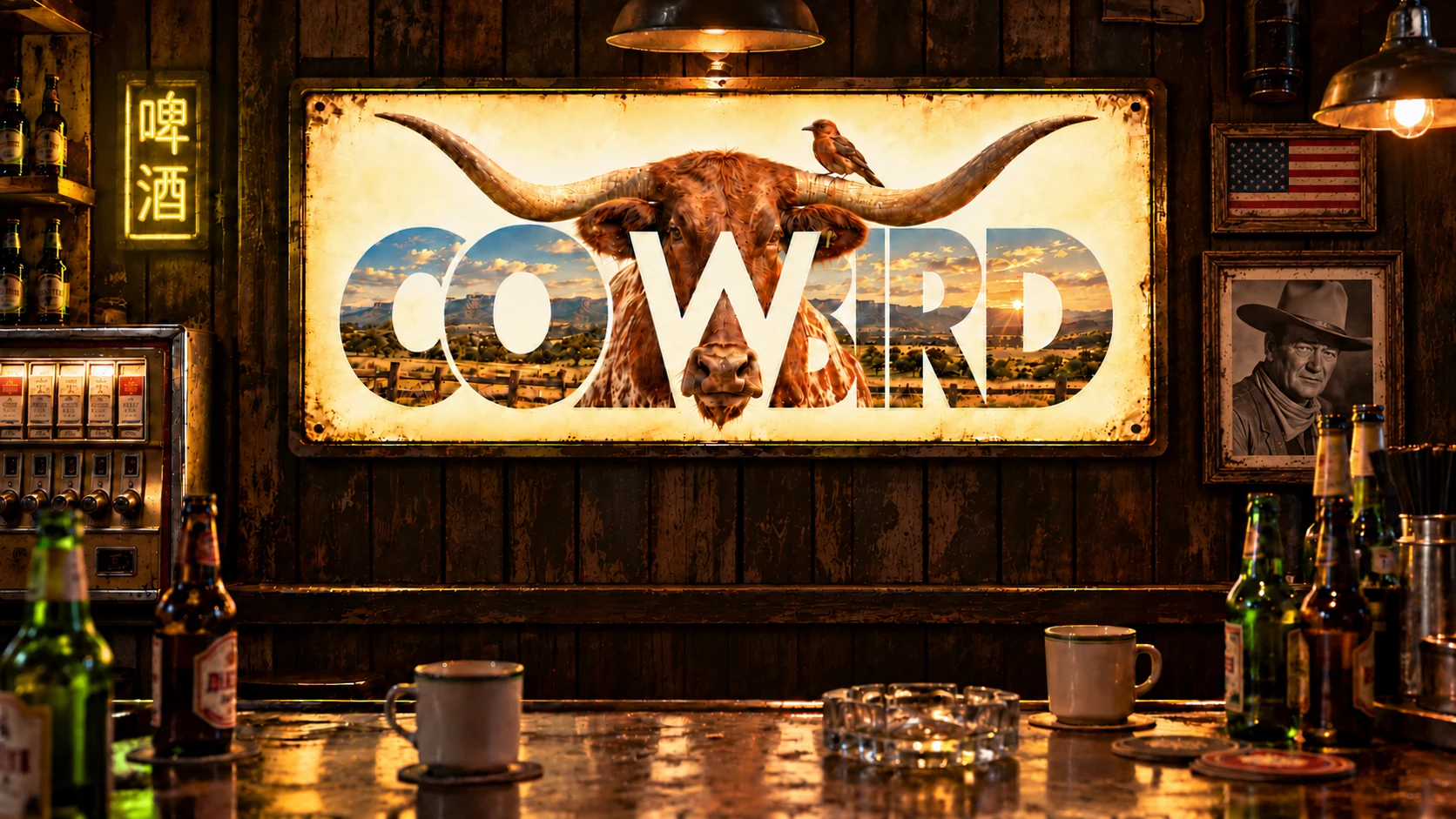 Cowbird's longhorn and perched bird on an illuminated sign in a worn beer joint, with a small American flag, a John Wayne portrait, coffee cups and a glass ashtray.